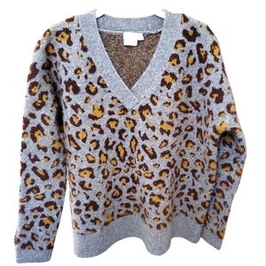 ASOS Gray and Brown V-Neck Leopard Print Sweater